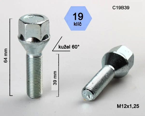 Šroub na kola M12x1,25x39 kužel, klíč 19, BIMECC