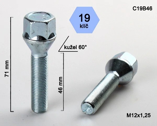 Šroub na kola M12x1,25x46 kužel, klíč 19, BIMECC