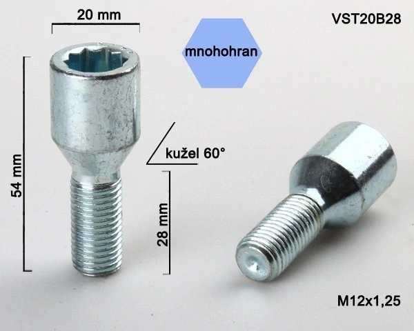 Šroub na kola M12x1,25x28 kužel, vnitřní mnohohran, průměr hlavy 20, BIMECC