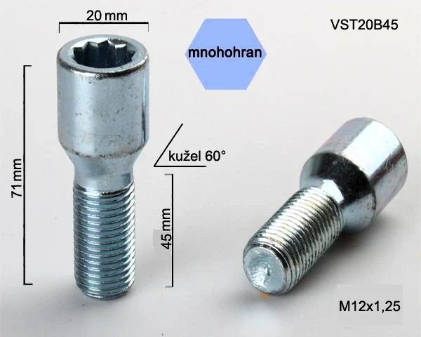 Šroub na kola M12x1,25x45 kužel, vnitřní mnohohran, průměr hlavy 20