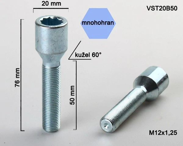 Šroub na kola M12x1,25x50 kužel, vnitřní mnohohran, průměr hlavy 20, BIMECC
