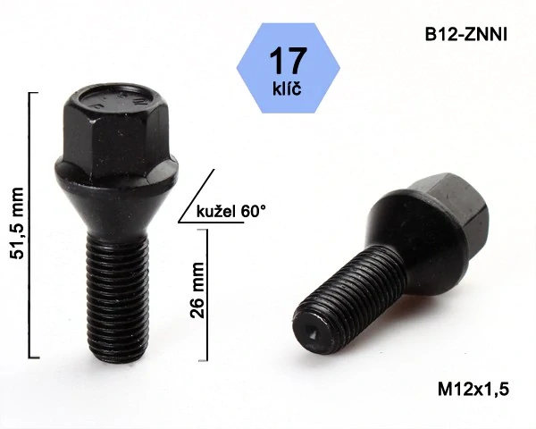 Šroub na kola M12x1,5x26 černý, kužel, klíč 17