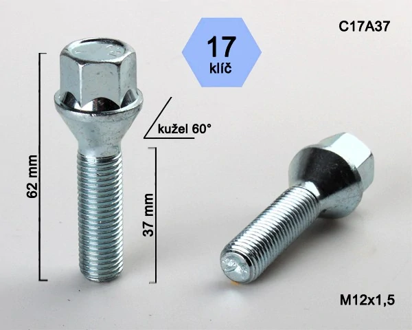 Šroub na kola M12x1,5x37 kužel, klíč 17, BIMECC