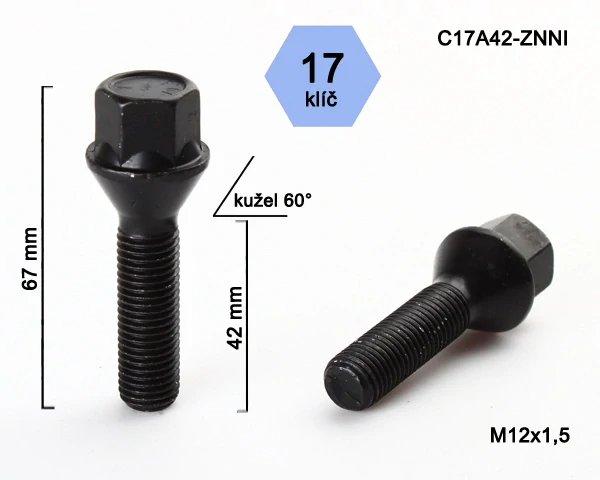 Šroub na kola M12x1,5x42, černý, kužel, klíč 17