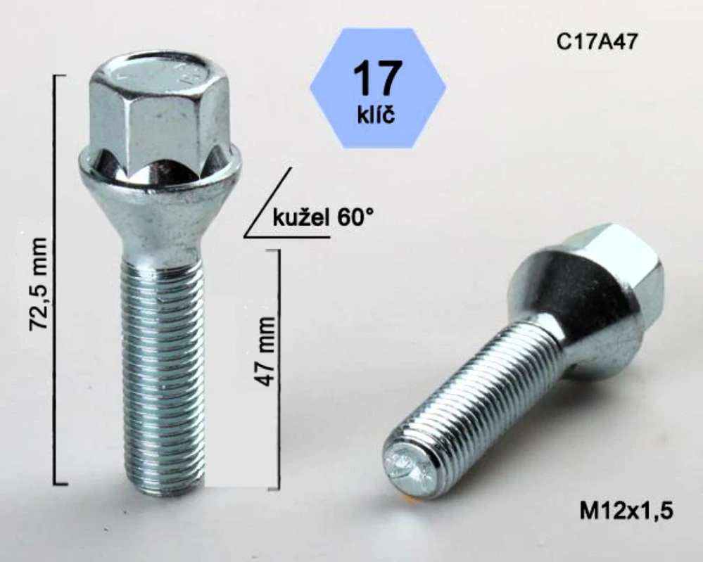 Šroub na kola M12x1,5x47 kužel, klíč 17, BIMECC