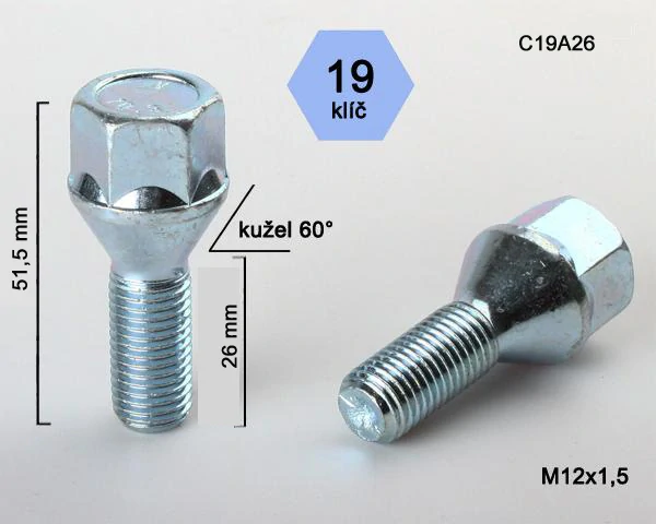 Šroub na kola M12x1,5x26 kužel, klíč 19