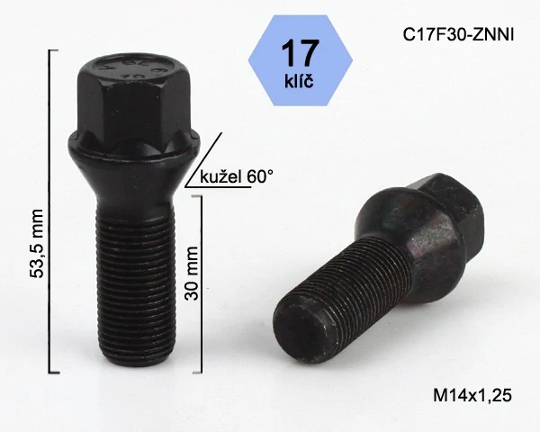 Šroub na kola M14x1,25x30 černý, kužel, klíč 17
