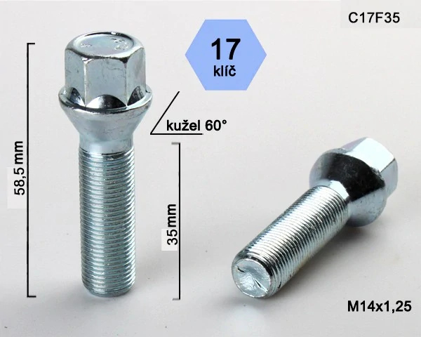 Šroub na kola M14x1,25x35 kužel, klíč 17, BIMECC