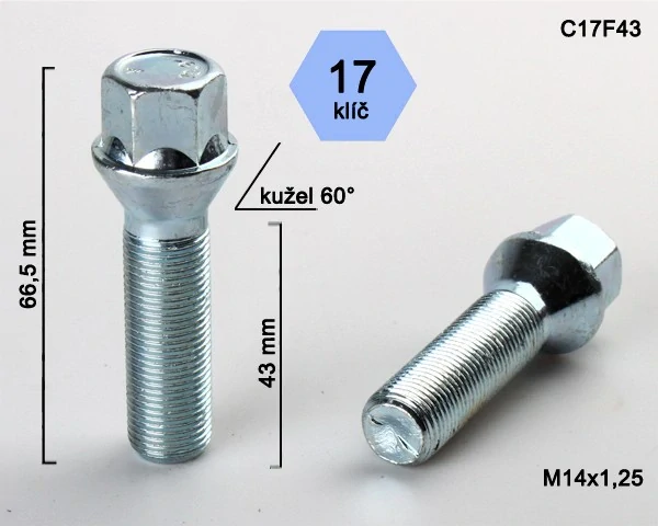 Šroub na kola M14x1,25x43 kužel, klíč 17, BIMECC