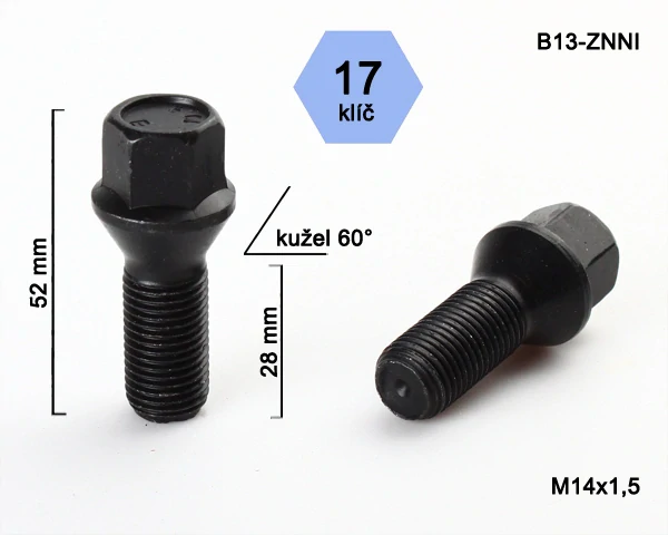Šroub na kola M14x1,5x28 černý, kužel, klíč 17