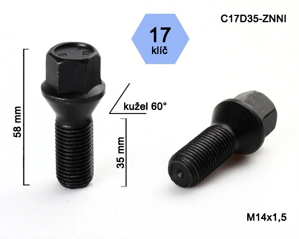 Šroub na kola M14x1,5x35 černý, kužel, klíč 17, BIMECC