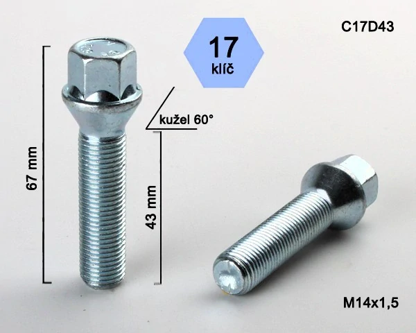 Šroub na kola M14x1,5x43 kužel, klíč 17, BIMECC