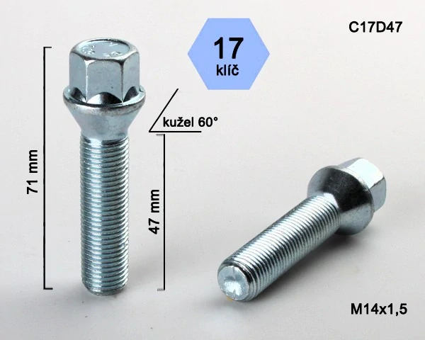 Šroub na kola M14x1,5x47 kužel, klíč 17, BIMECC