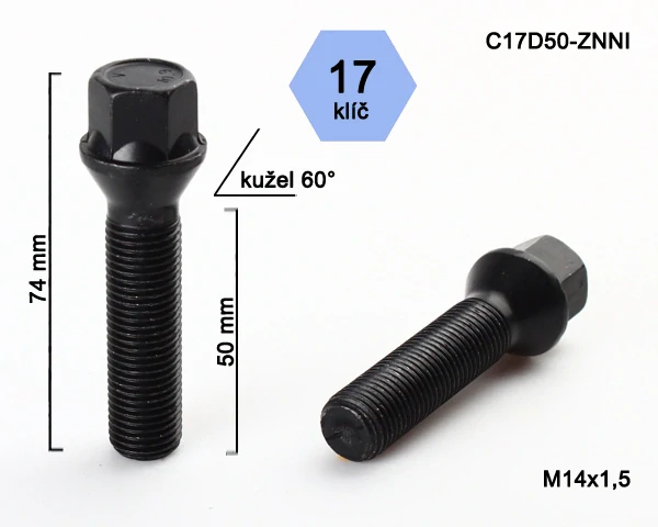 Šroub na kola M14x1,5x28 černý, kužel, klíč 17, BIMECC