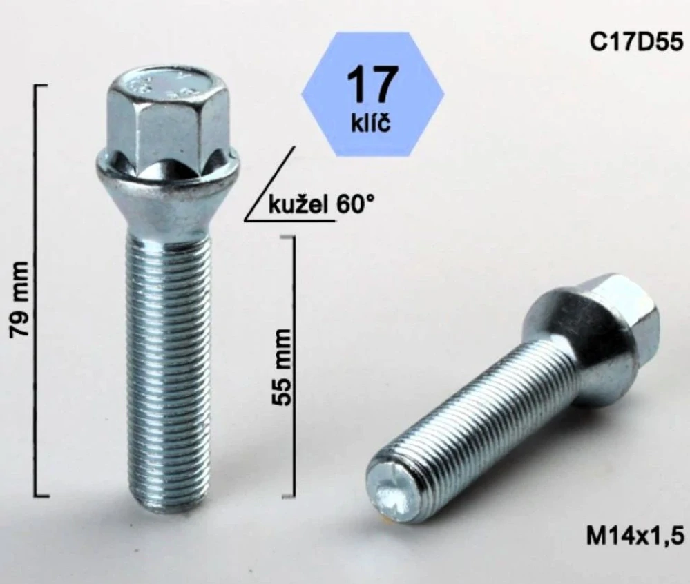Šroub na kola M14x1,5x55 kužel, klíč 17