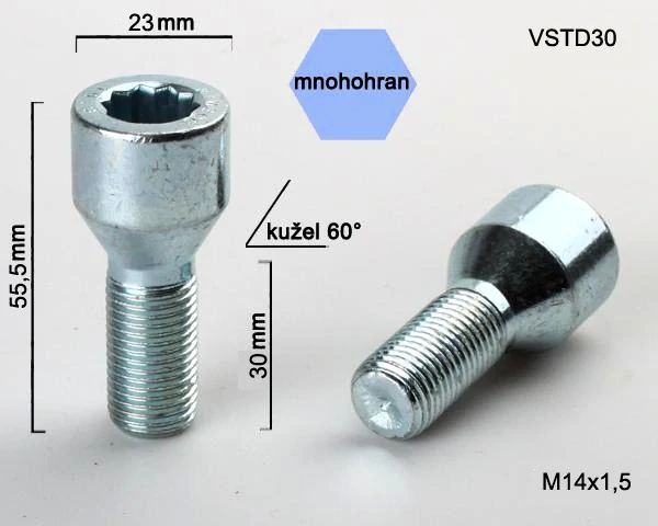 Šroub na kola M14x1,5x30 kužel, vnitřní mnohohran, průměr hlavy 23, BIMECC