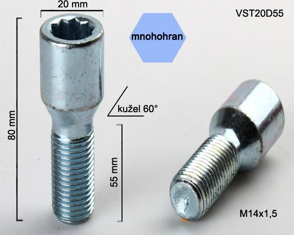 Šroub na kola M14x1,5x55 kužel, vnitřní mnohohran, průměr hlavy 20