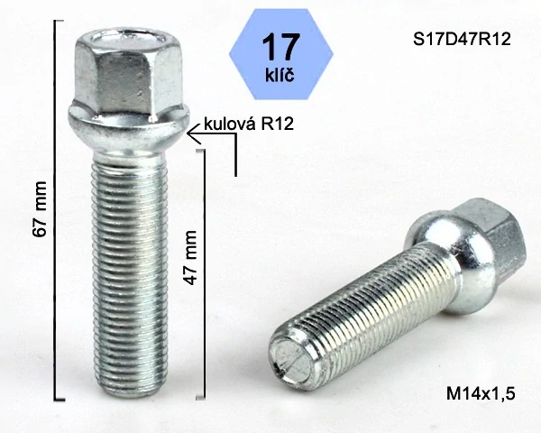 Šroub na kola M14x1,5x47 koule R12, klíč 17