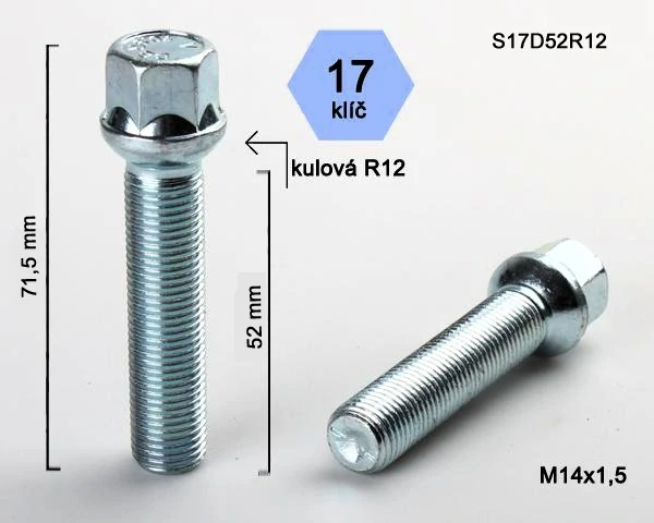 Šroub na kola M14x1,5x52 koule R12, klíč 17