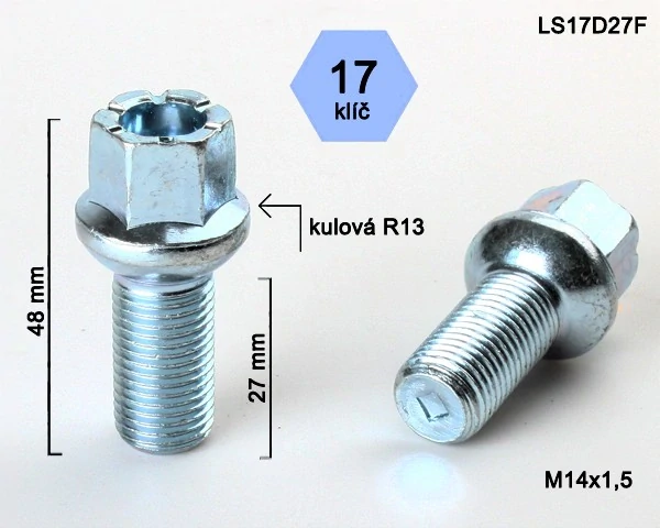 Šroub na kola M14x1,5x27 koule R13, klíč 17