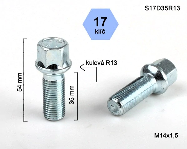 Šroub na kola M14x1,5x35 koule R13, klíč 17