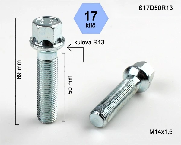 Šroub na kola M14x1,5x50 koule R13, klíč 17