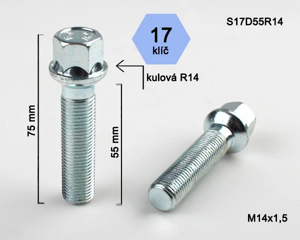 Šroub na kola M14x1,5x55 koule R14, klíč 17