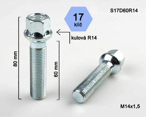 Šroub na kola M14x1,5x60 koule R14, klíč 17