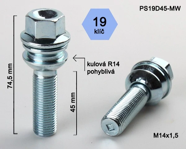 Šroub na kola M14x1,5x45 koule R14 pohyblivá, klíč 19, BIMECC