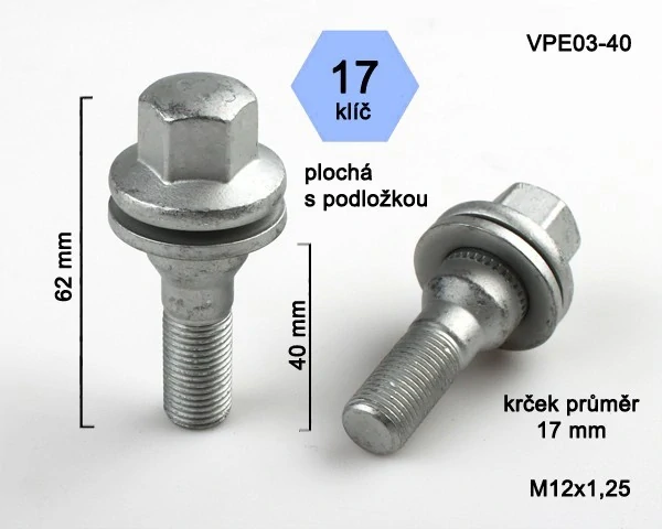 Šroub na kola M12x1,25x40 plochá podložka, klíč 17, BIMECC