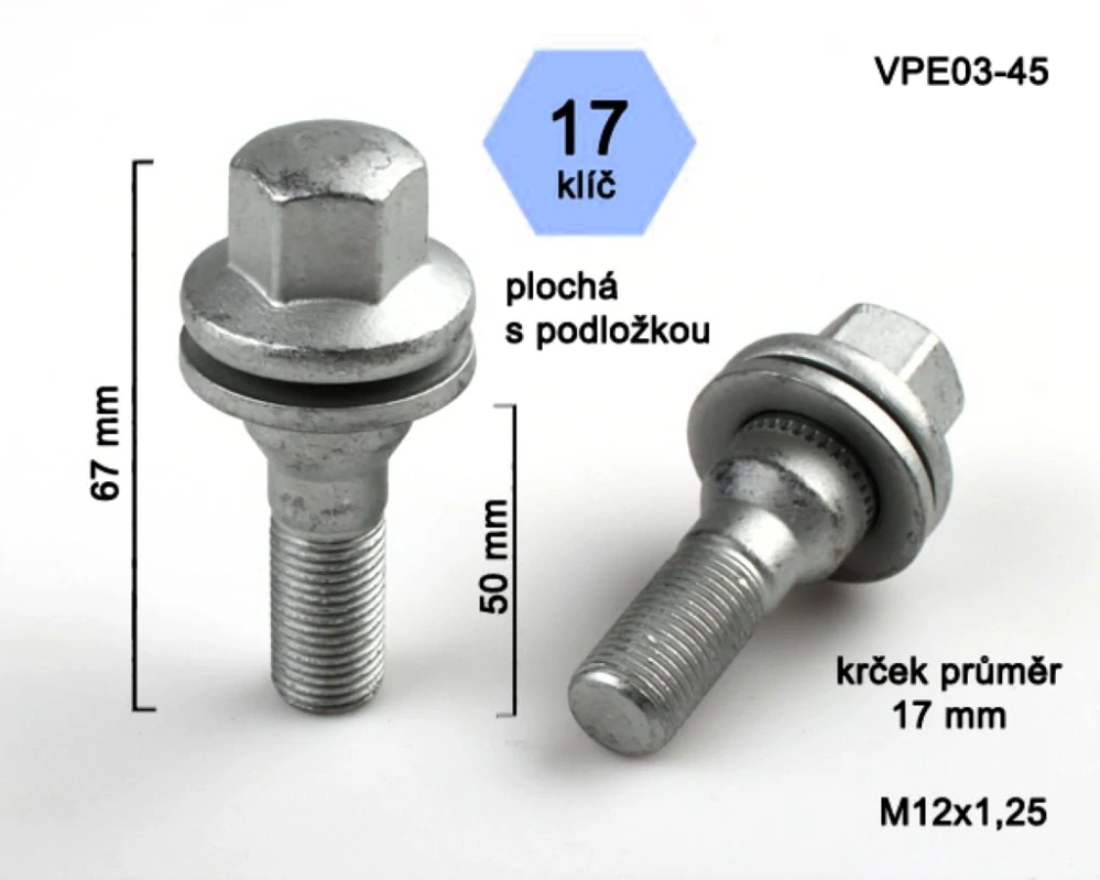 Šroub na kola M12x1,25x45 plochá podložka, klíč 17