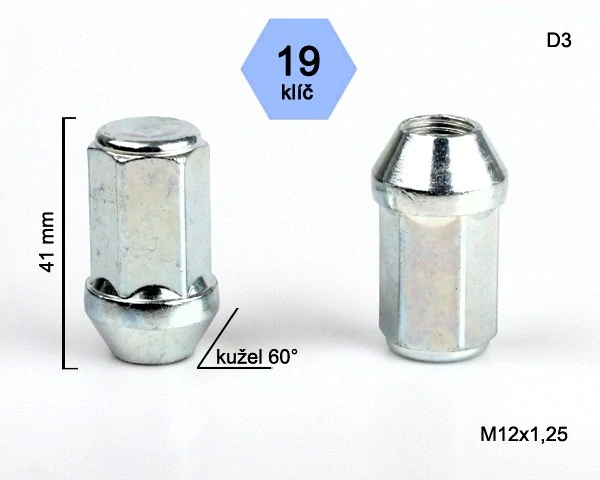 Matice na kola M12x1,25 kužel zavřená prodloužená, klíč 19 