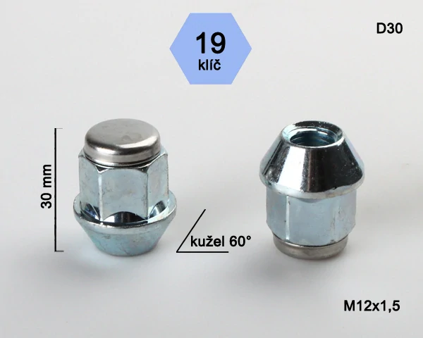 Matice na kola M12x1,5 kužel (nerez víčko), klíč 19