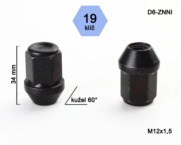 Matice na kola M12x1,5 černá, kužel zavřená, klíč 19