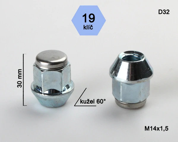 Matice na kola M14x1,5 kužel (nerez víčko), klíč 19