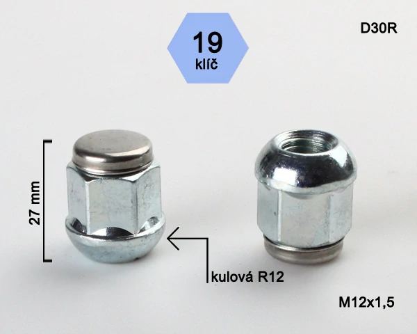 Matice na kola M12x1,5 koule R12, zavřená (nerez víčko), klíč 19