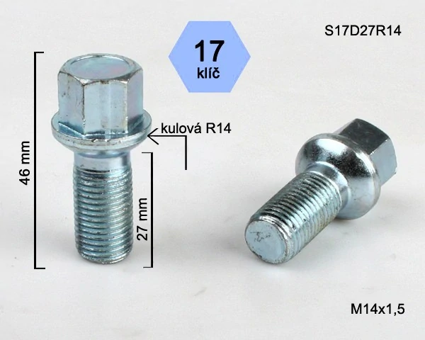 Šroub na kola M14x1,5x27 koule R14, klíč 17