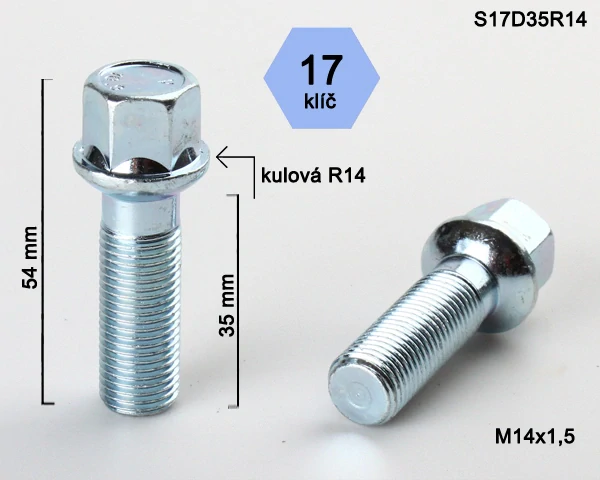 Šroub na kola M14x1,5x35 koule R14, klíč 17, BIMECC