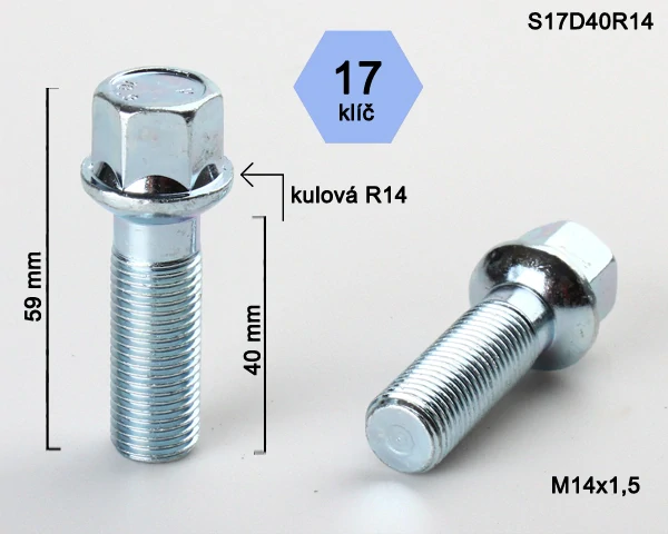 Šroub na kola M14x1,5x40 koule R14, klíč 17