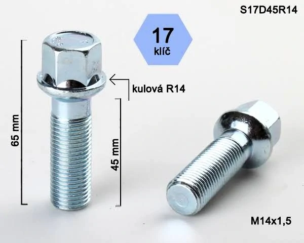 Šroub na kola M14x1,5x45 koule R14, klíč 17, BIMECC