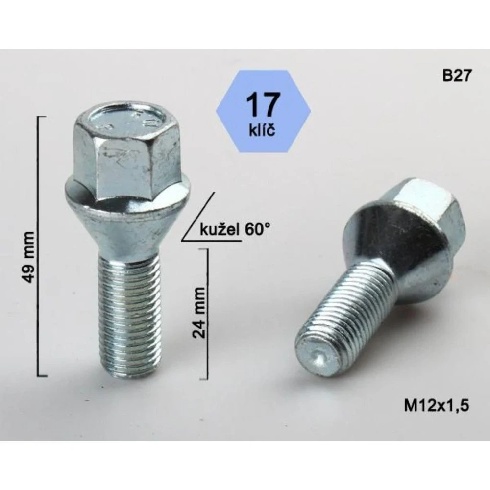 Šroub na kola M12x1,5x24 kužel, klíč 17
