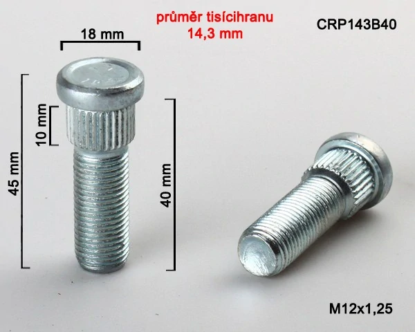 Svorník na kola M12x1,25x40 průměr tisícihranu 14,3mm 