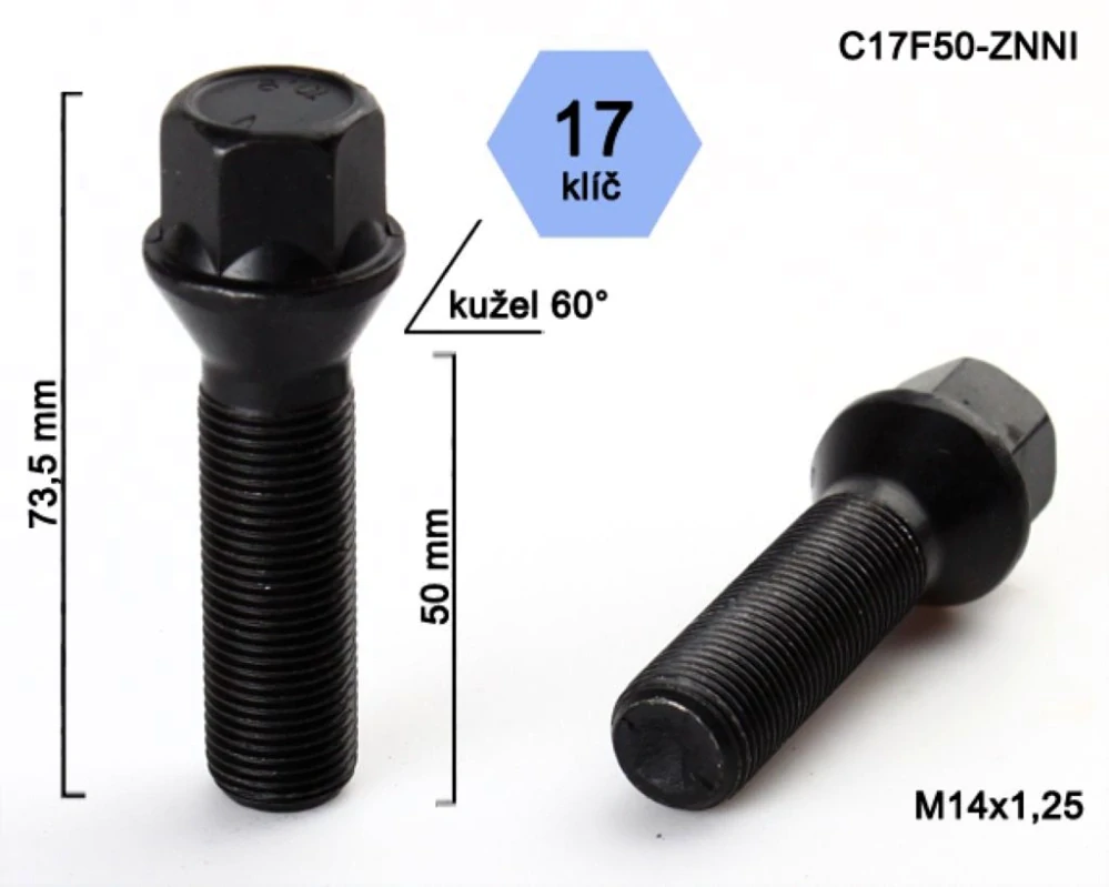 Šroub na kola M14x1,25x50 černý, kužel, klíč 17, BIMECC