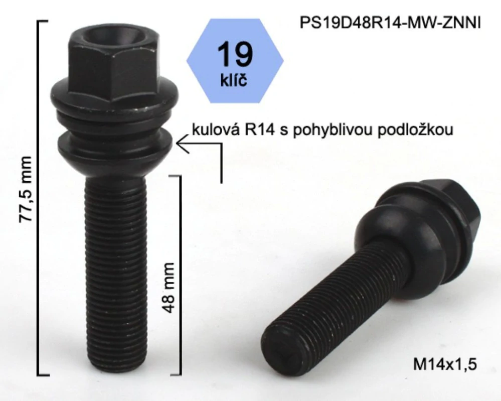 Šroub na kola M14x1,5x48 černý, koule R14 pohyblivá, klíč 19, BIMECC