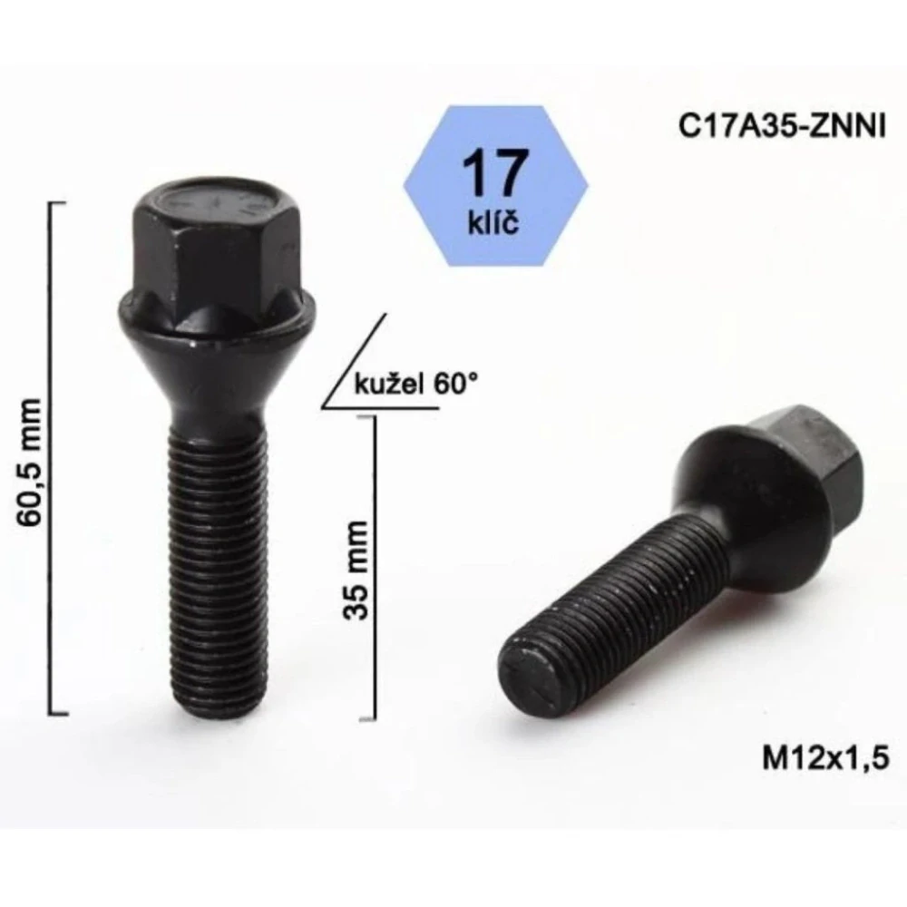Šroub na kola M12x1,5x35, černý, kužel, klíč 17